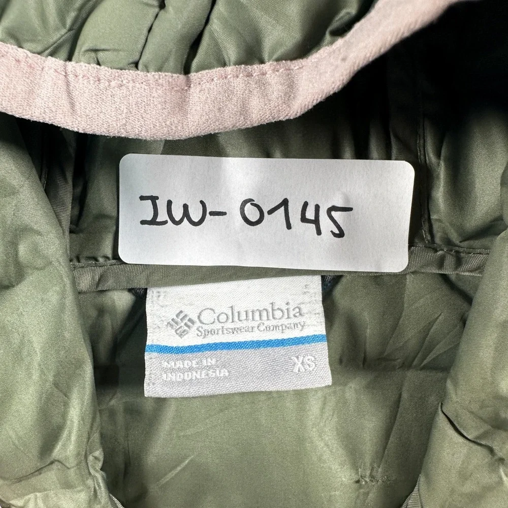 Columbia Puffer Jacket XS Olive Green Pink Trim Insulated Hooded